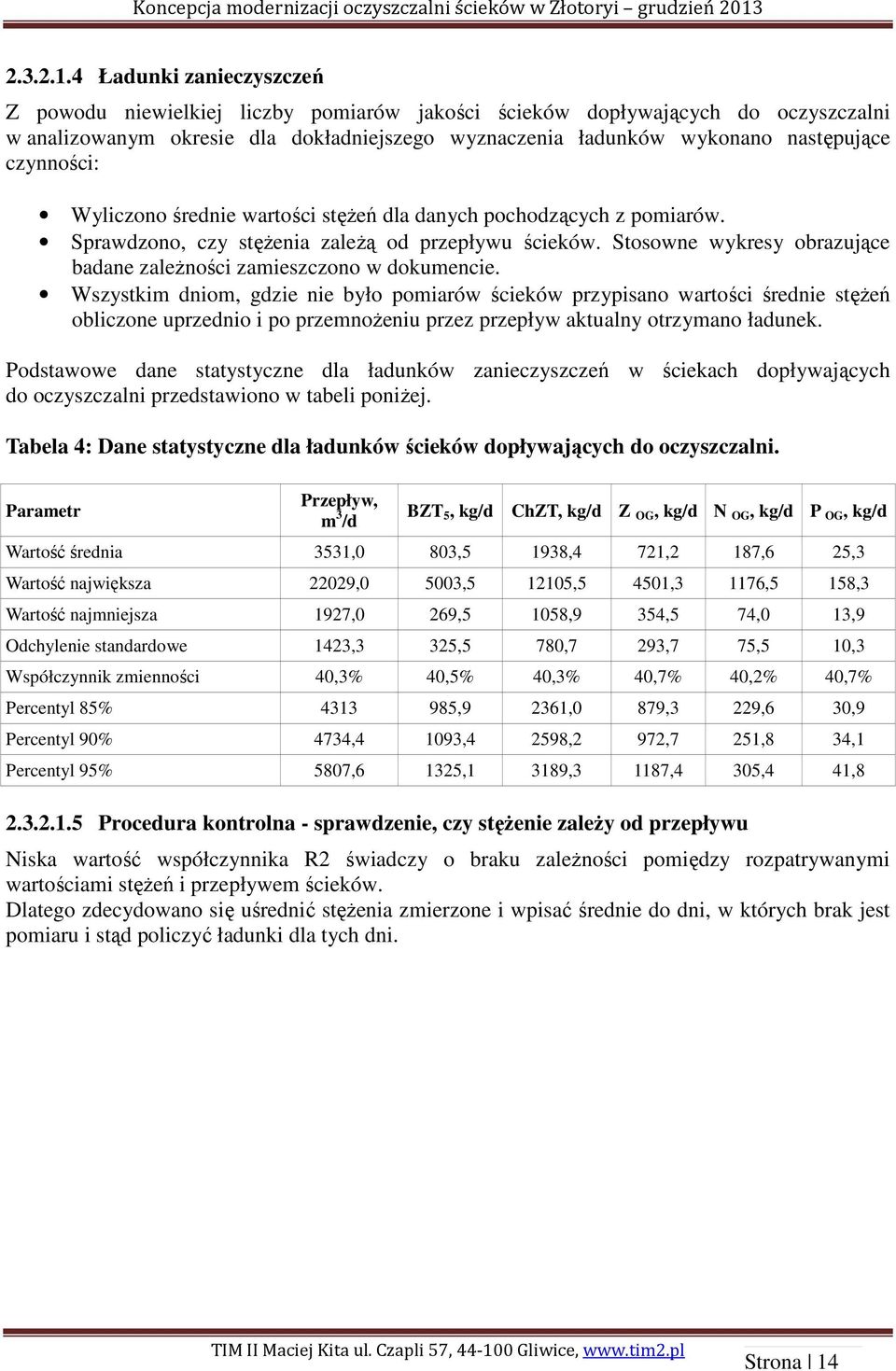 czynności: Wyliczono średnie wartości stężeń dla danych pochodzących z pomiarów. Sprawdzono, czy stężenia zależą od przepływu ścieków.