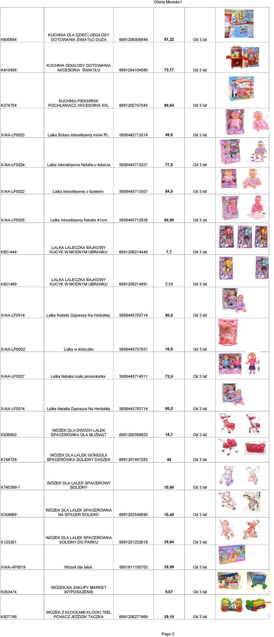 5908445713507 54,5 X-NA-LF0025 Lalka Interaktywny Natalia 41cm 5908445713538 69,99 K821444 LALKA LALECZKA BAJKOWY KUCYK W MODNYM UBRANKU 6991208214440 7,7 K821489 LALKA LALECZKA BAJKOWY KUCYK W