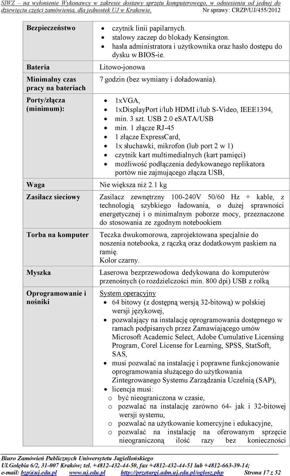 1xVGA, 1xDisplayPort i/lub HDMI i/lub S-Video, IEEE1394, min. 3 szt. USB 2.0 esata/usb min.