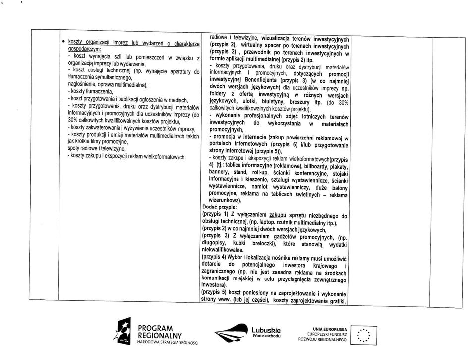 oraz dystrybucji materiaiow informacyjnych i promocyjnycn dla uczestnikow imprezy (do 30% catkowitych kwalifiko wain yen kosztow projektu), - koszty zakwaterowania i wyzywienia uczestnikow imprezy, -