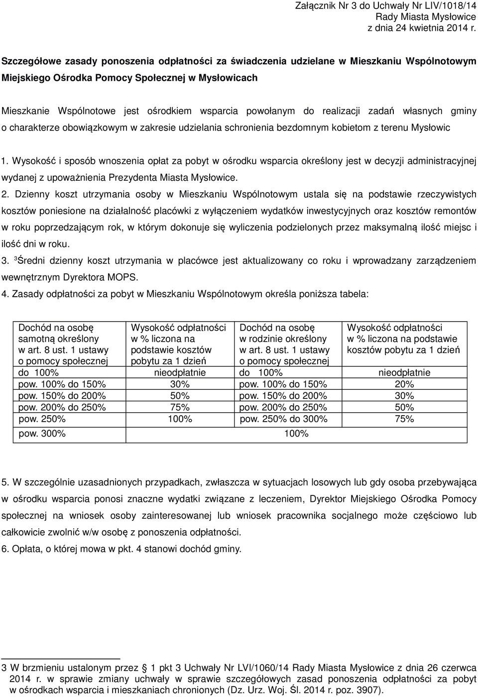 Wysokość i sposób wnoszenia opłat za pobyt w ośrodku wsparcia określony jest w decyzji administracyjnej wydanej z upoważnienia Prezydenta Miasta Mysłowice. 2.