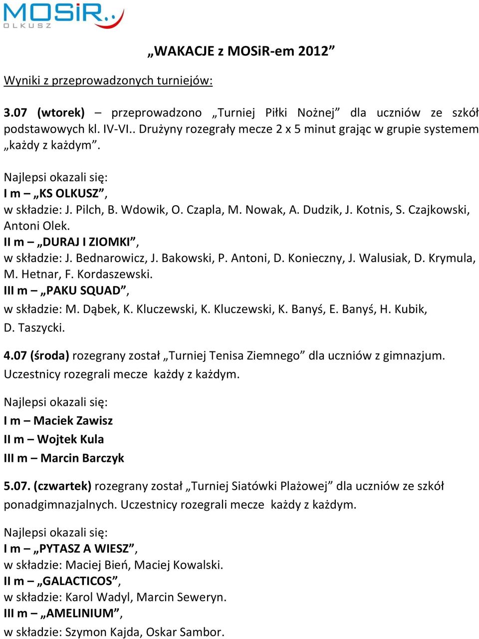 II m DURAJ I ZIOMKI, w składzie: J. Bednarowicz, J. Bakowski, P. Antoni, D. Konieczny, J. Walusiak, D. Krymula, M. Hetnar, F. Kordaszewski. III m PAKU SQUAD, w składzie: M. Dąbek, K. Kluczewski, K.
