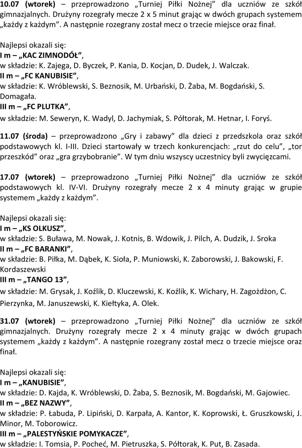 Wróblewski, S. Beznosik, M. Urbański, D. Żaba, M. Bogdański, S. Domagała. III m FC PLUTKA, w składzie: M. Seweryn, K. Wadyl, D. Jachymiak, S. Półtorak, M. Hetnar, I. Foryś. 11.
