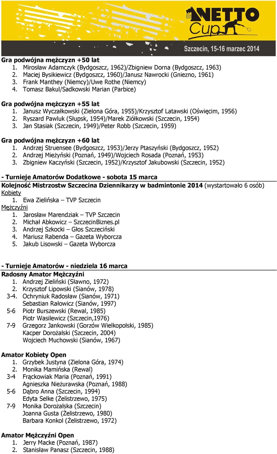 Ryszard Pawluk (Słupsk, 1954)/Marek Ziółkowski (Szczecin, 1954) 3. Jan Stasiak (Szczecin, 1949)/Peter Robb (Szczecin, 1959) Gra podwójna mężczyzn +60 lat 1.