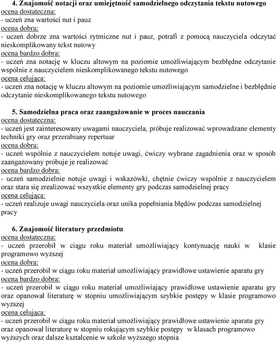 kluczu altowym na poziomie umożliwiającym samodzielne i bezbłędnie odczytanie nieskomplikowanego tekstu nutowego 5.