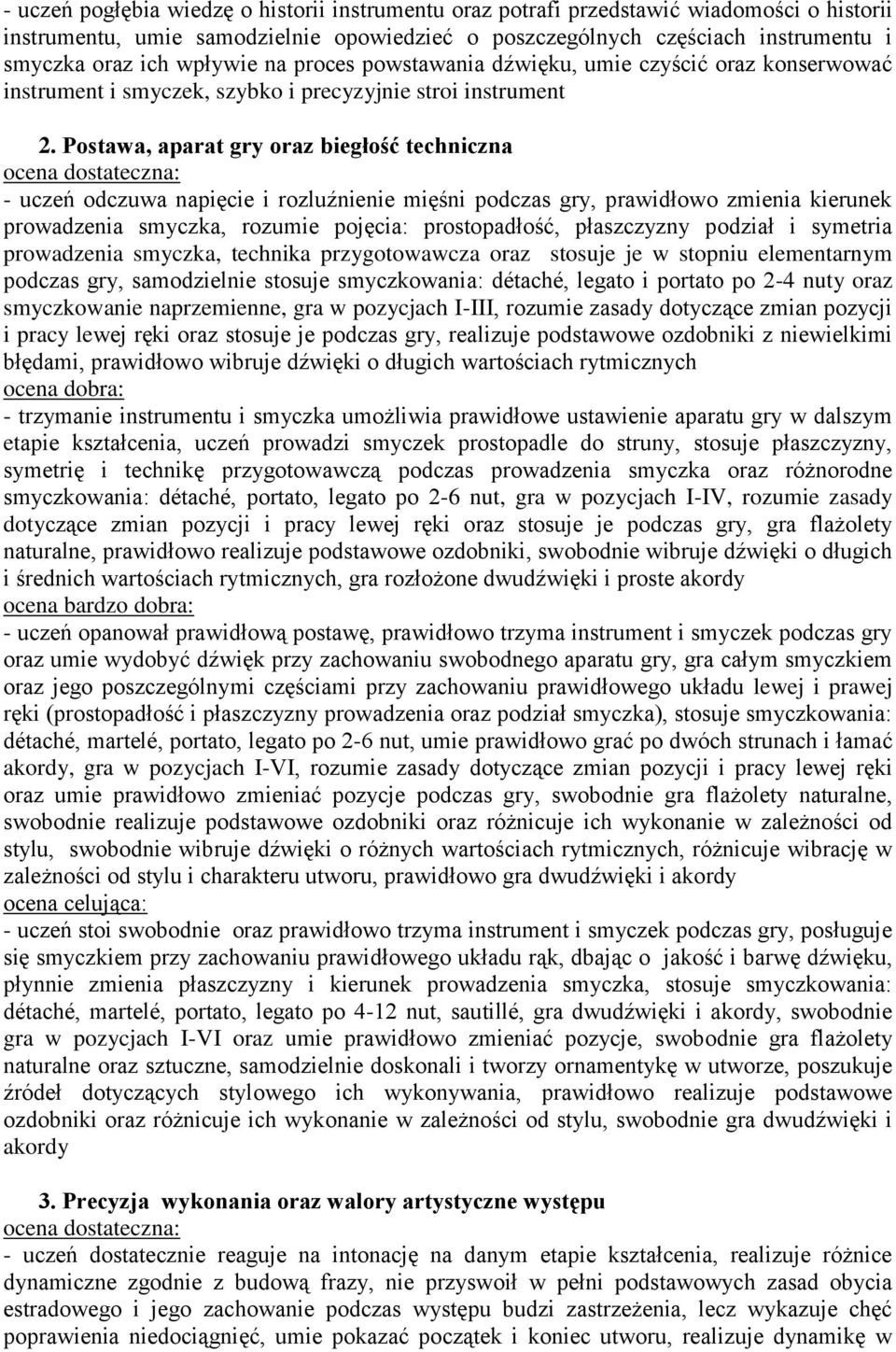 Postawa, aparat gry oraz biegłość techniczna - uczeń odczuwa napięcie i rozluźnienie mięśni podczas gry, prawidłowo zmienia kierunek prowadzenia smyczka, rozumie pojęcia: prostopadłość, płaszczyzny