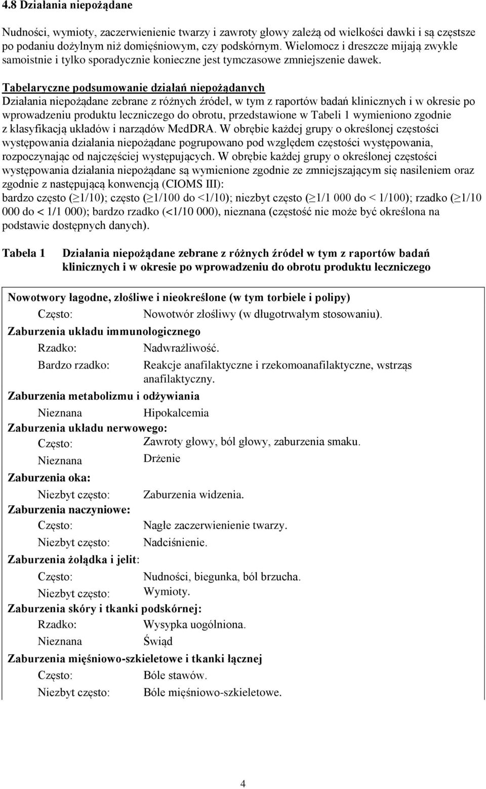 Tabelaryczne podsumowanie działań niepożądanych Działania niepożądane zebrane z różnych źródeł, w tym z raportów badań klinicznych i w okresie po wprowadzeniu produktu leczniczego do obrotu,