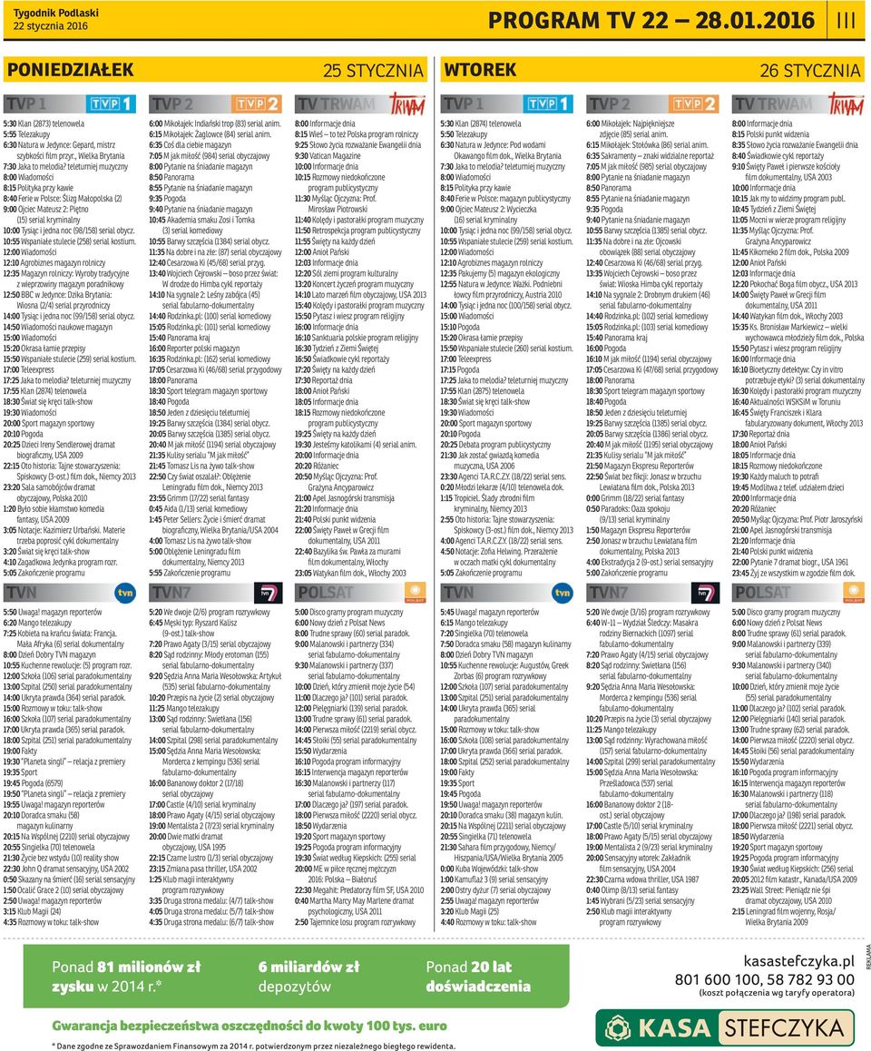 teleturniej muzyczny 8:00 Wiadomości 8:15 Polityka przy kawie 8:40 Ferie w Polsce: Ślizg Małopolska (2) 9:00 Ojciec Mateusz 2: Piętno (15) serial kryminalny 10:00 Tysiąc i jedna noc (98/158) serial