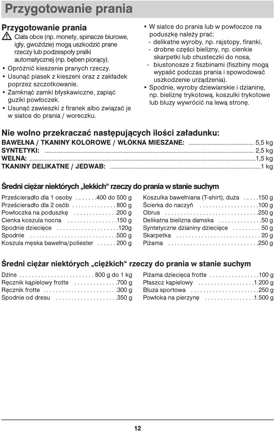 Usunąć zawieszki z firanek albo związać je w siatce do prania / woreczku. W siatce do prania lub w powłoczce na poduszkę należy prać: - delikatne wyroby, np.