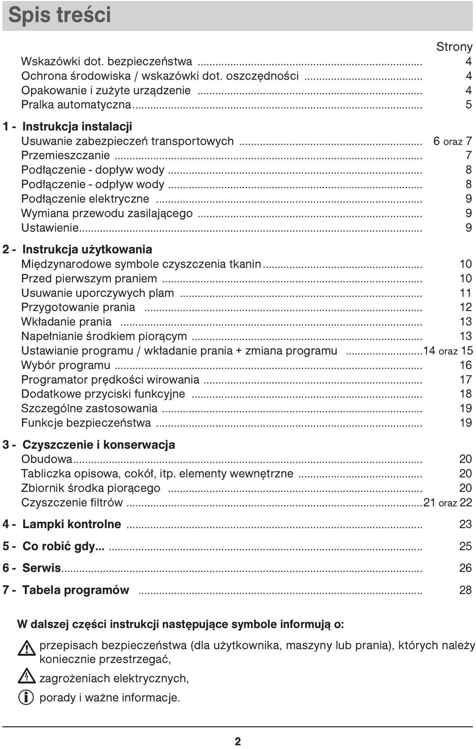 .. 9 Wymiana przewodu zasilającego... 9 Ustawienie... 9 2 - Instrukcja użytkowania Międzynarodowe symbole czyszczenia tkanin... 10 Przed pierwszym praniem... 10 Usuwanie uporczywych plam.