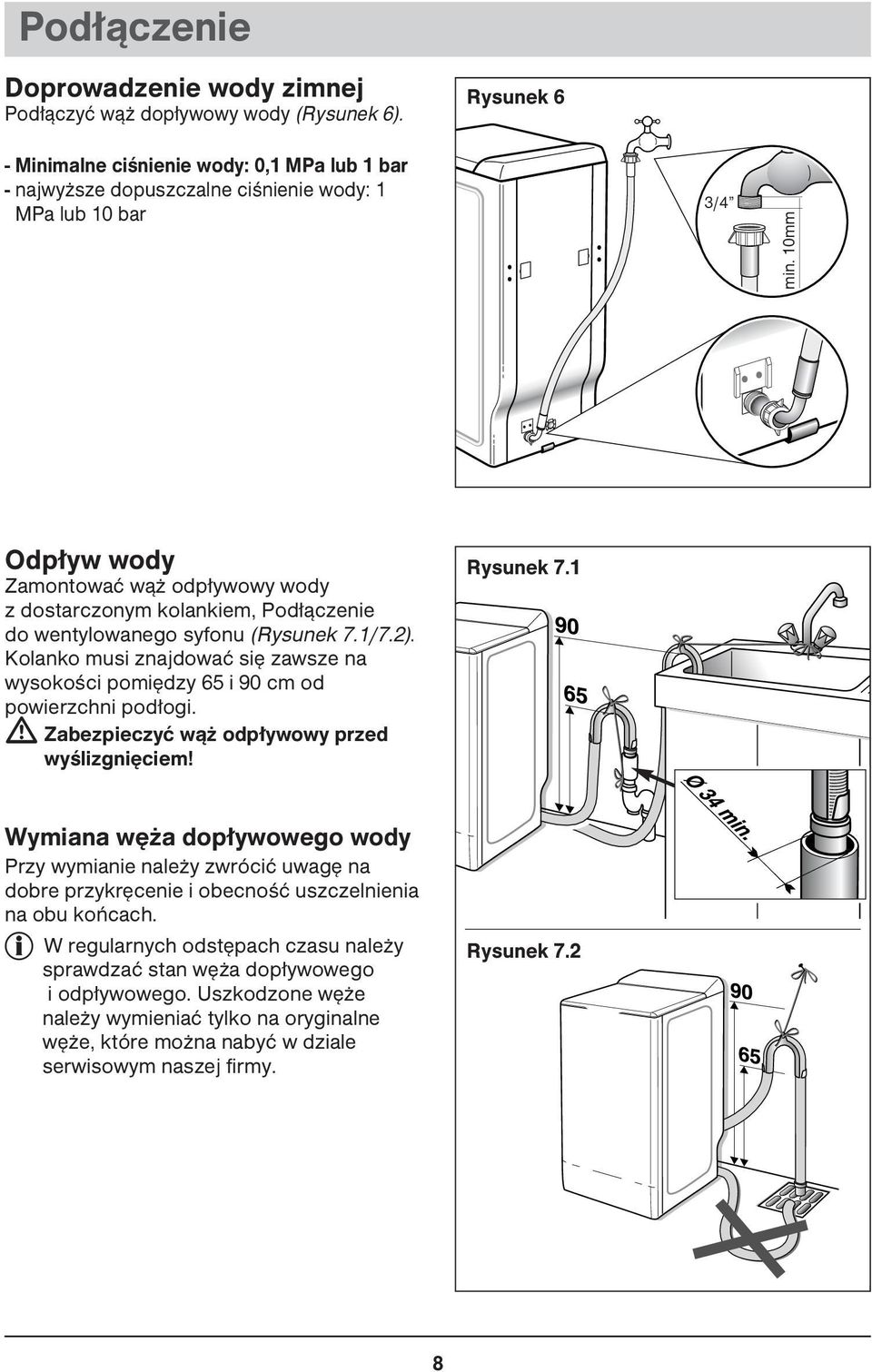 10mm Odpływ wody Zamontować wąż odpływowy wody z dostarczonym kolankiem, Podłączenie do wentylowanego syfonu (Rysunek 7.1/7.2).