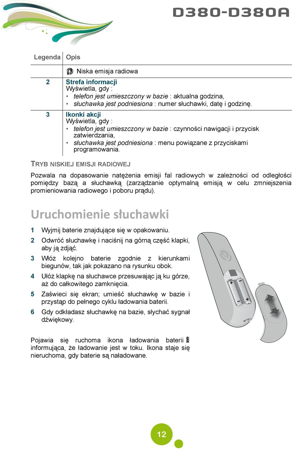 TRYB NISKIEJ EMISJI RADIOWEJ Pozwala na dopasowanie natężenia emisji fal radiowych w zależności od odległości pomiędzy bazą a słuchawką (zarządzanie optymalną emisją w celu zmniejszenia