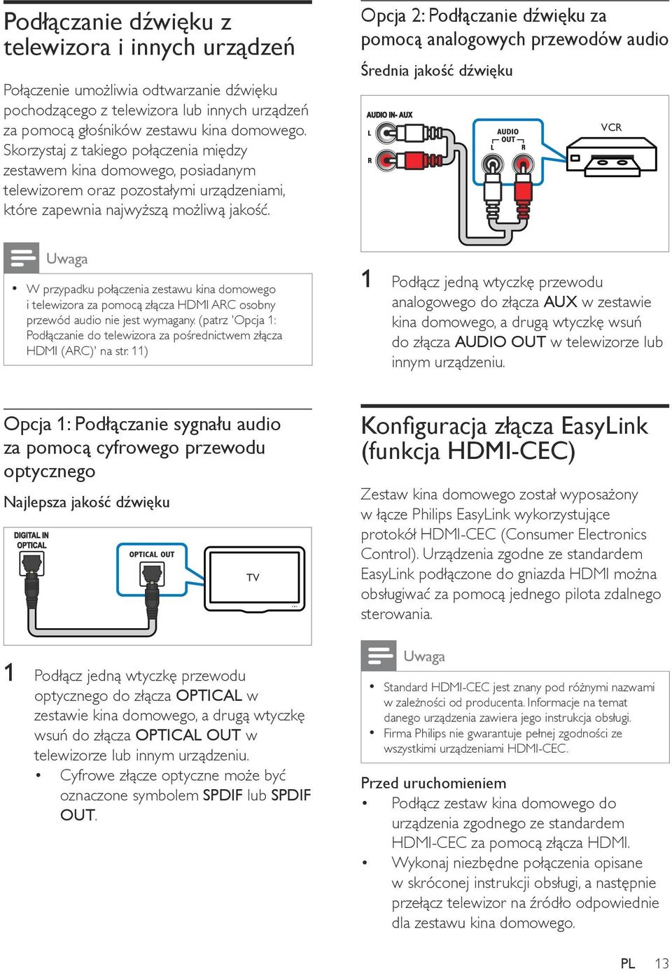 Opcja 2: Podłączanie dźwięku za pomocą analogowych przewodów audio Średnia jakość dźwięku AUDIO IN- AUX VCR Uwaga W przypadku połączenia zestawu kina domowego i telewizora za pomocą złącza HDMI ARC