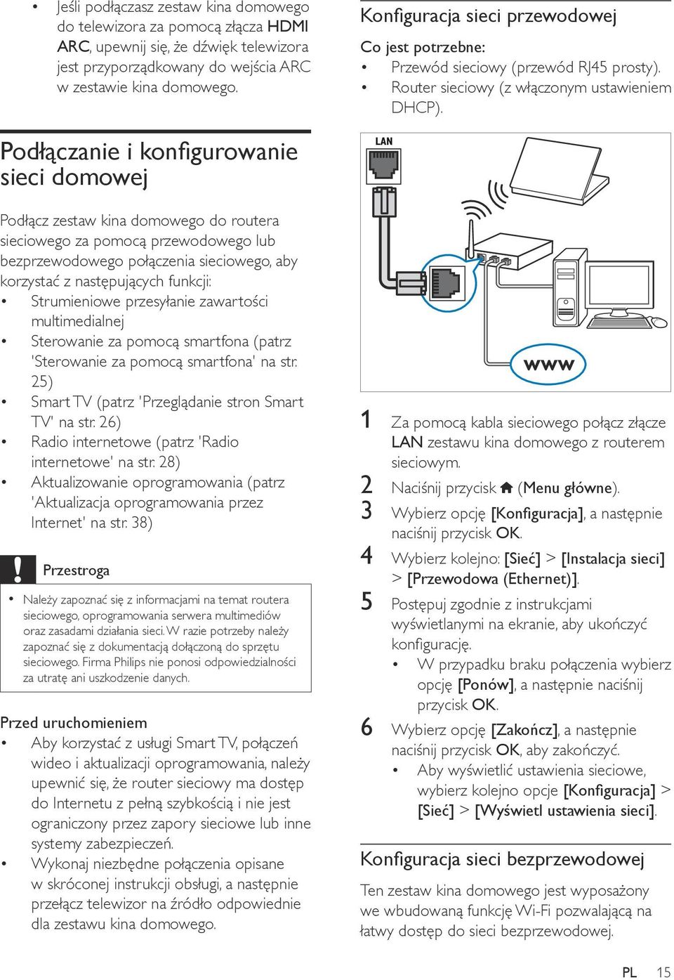 Strumieniowe przesyłanie zawartości multimedialnej Sterowanie za pomocą smartfona (patrz 'Sterowanie za pomocą smartfona' na str. 25) Smart TV (patrz 'Przeglądanie stron Smart TV' na str.