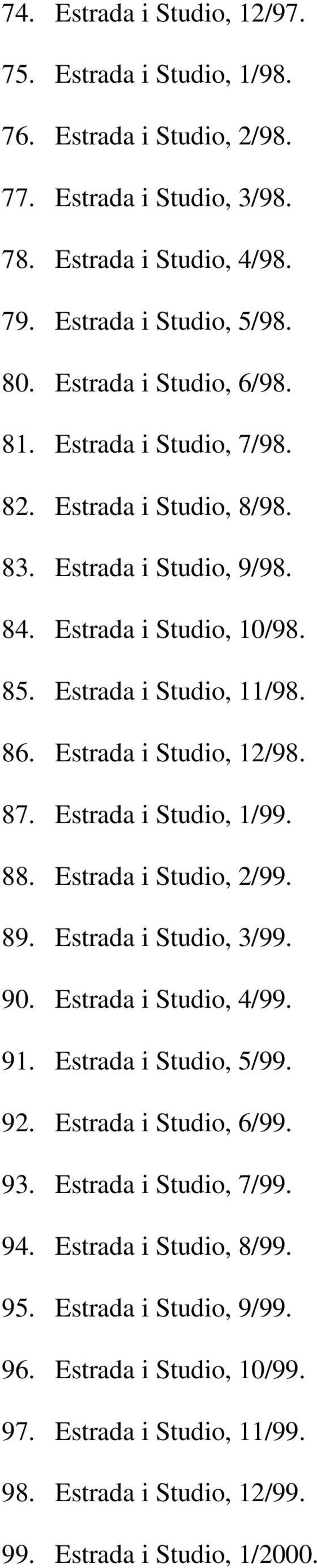 Estrada i Studio, 12/98. 87. Estrada i Studio, 1/99. 88. Estrada i Studio, 2/99. 89. Estrada i Studio, 3/99. 90. Estrada i Studio, 4/99. 91. Estrada i Studio, 5/99. 92.