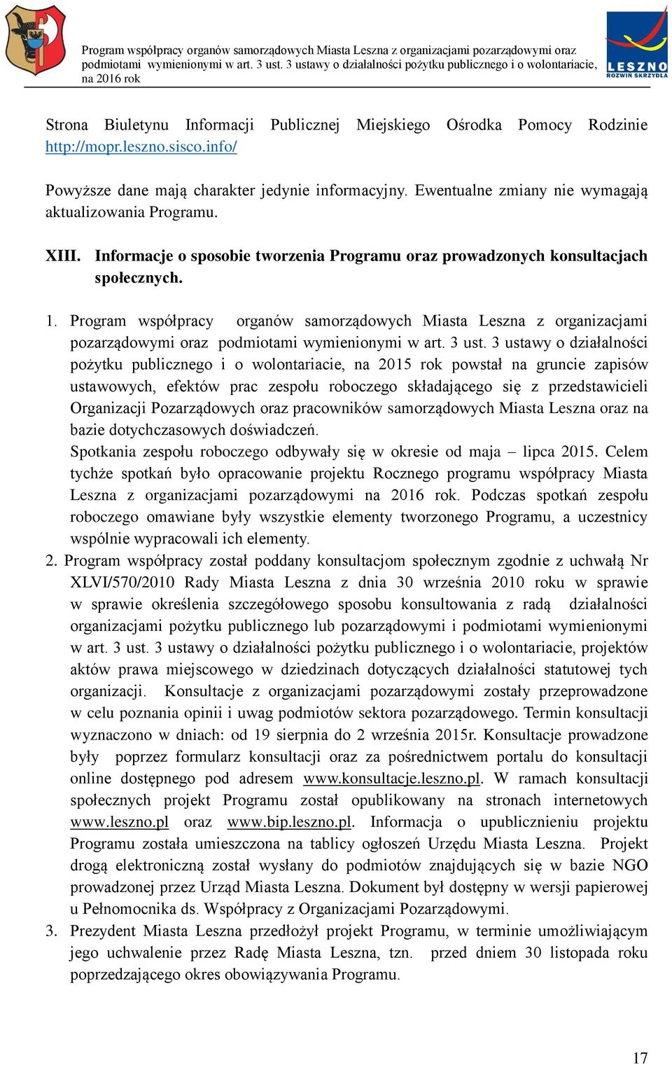 Program współpracy organów samorządowych Miasta Leszna z organizacjami pozarządowymi oraz podmiotami wymienionymi w art. 3 ust.