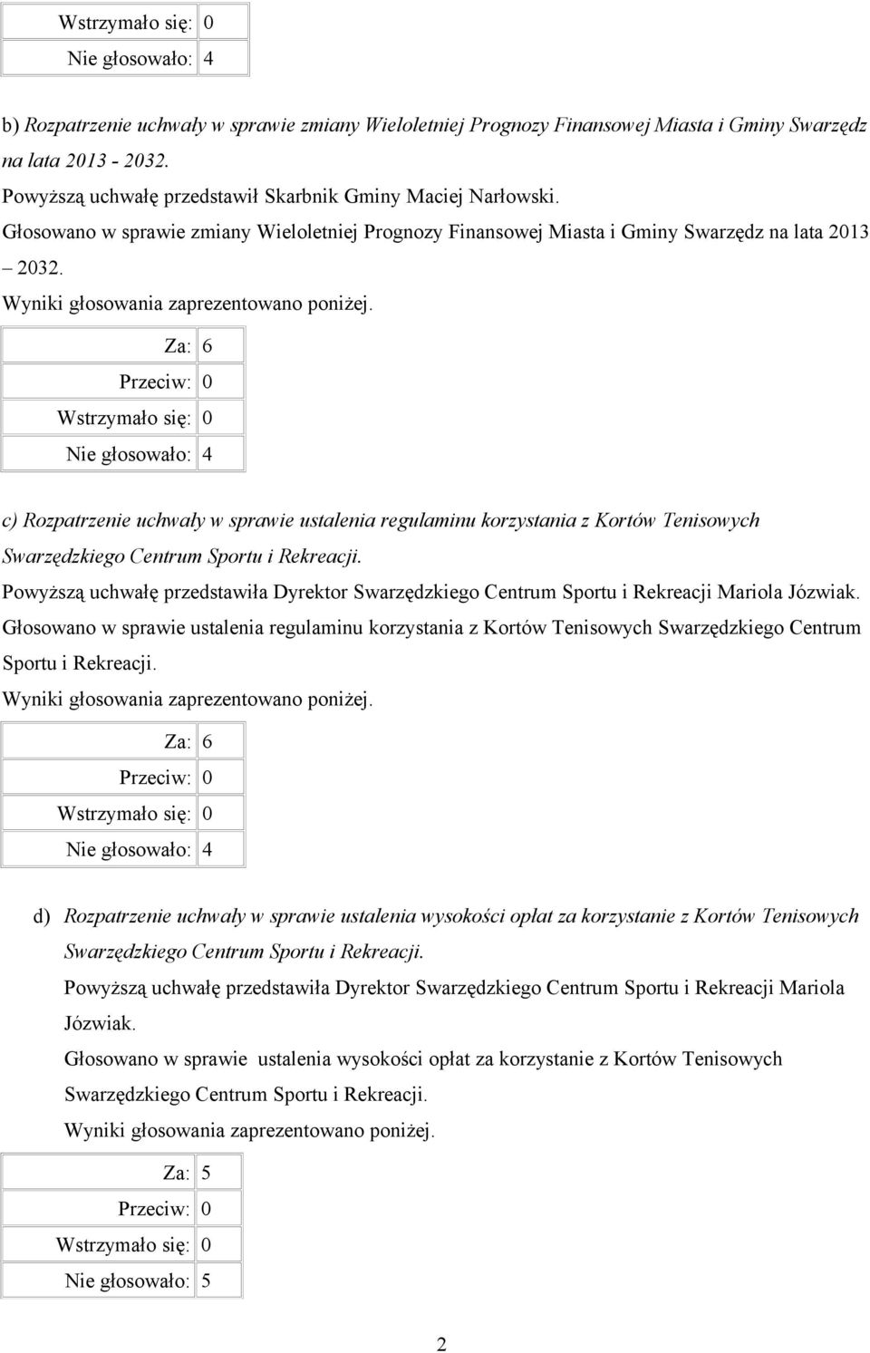 Za: 6 Wstrzymało się: 0 Nie głosowało: 4 c) Rozpatrzenie uchwały w sprawie ustalenia regulaminu korzystania z Kortów Tenisowych Swarzędzkiego Centrum Sportu i Rekreacji.