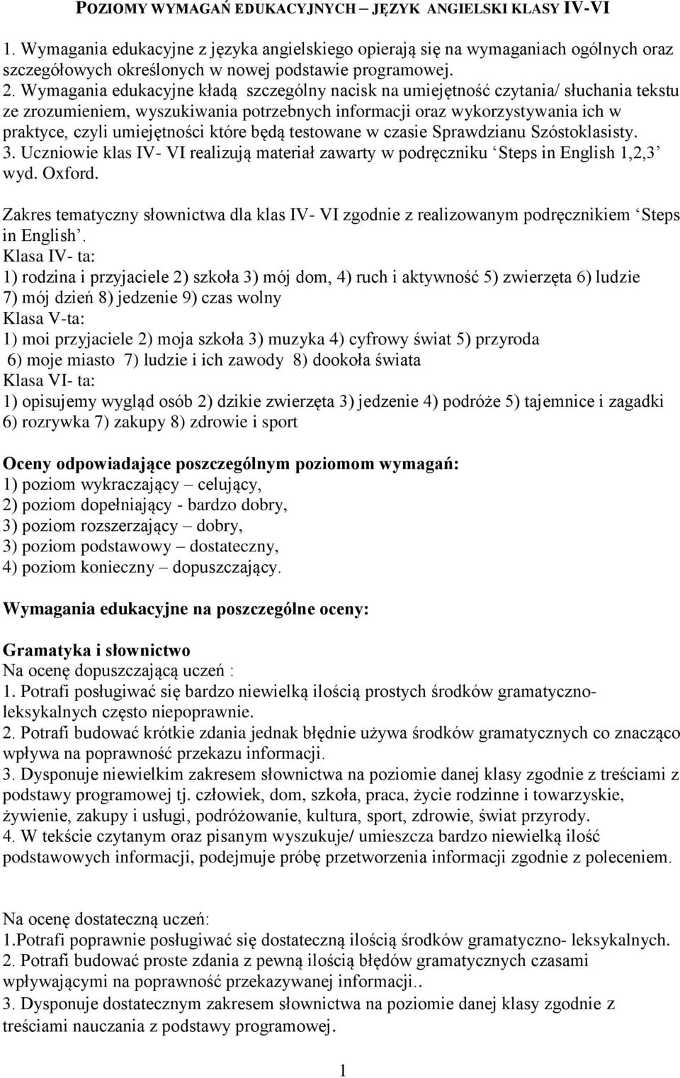 Wymagania edukacyjne kładą szczególny nacisk na umiejętność czytania/ słuchania tekstu ze zrozumieniem, wyszukiwania potrzebnych informacji oraz wykorzystywania ich w praktyce, czyli umiejętności