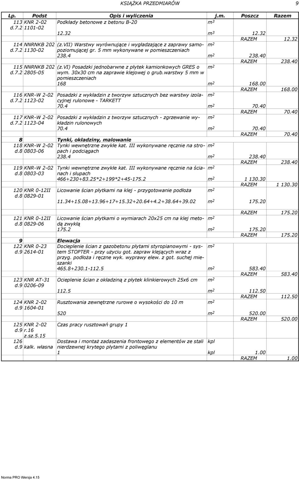 30x30 c na zaprawie klejowej o grub.warswy 5 w poieszczeniach 168 168.00 116 KNR-W 2-02 d.7.2 1123-02 117 KNR-W 2-02 d.7.2 1123-04 RAZEM 12.32 RAZEM 238.40 RAZEM 168.