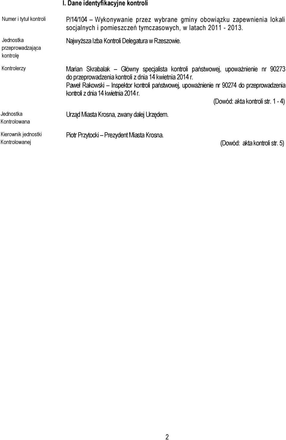 Kontrolerzy Marian Skrabalak Główny specjalista kontroli państwowej, upoważnienie nr 90273 do przeprowadzenia kontroli z dnia 14 kwietnia 2014 r.