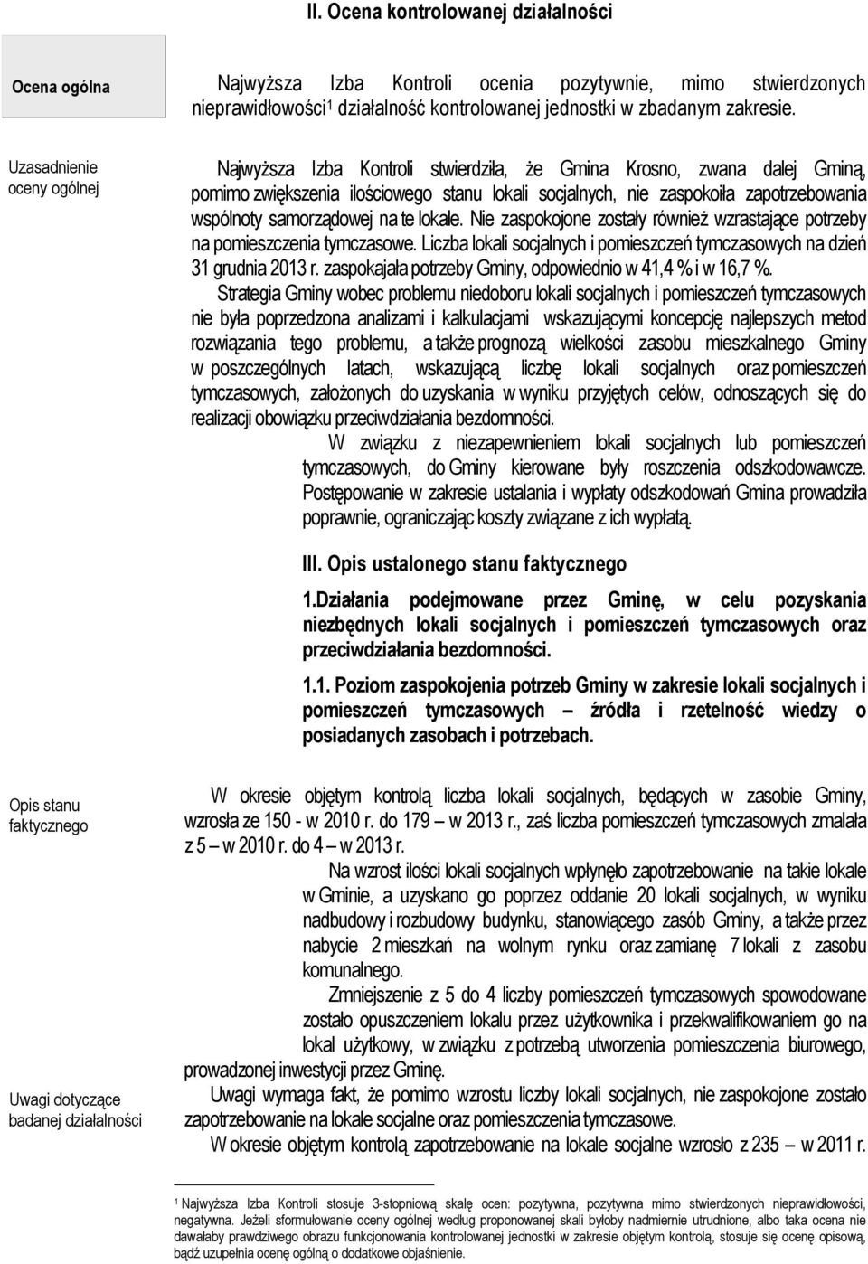 Najwyższa Izba Kontroli stwierdziła, że Gmina Krosno, zwana dalej Gminą, pomimo zwiększenia ilościowego stanu lokali socjalnych, nie zaspokoiła zapotrzebowania wspólnoty samorządowej na te lokale.