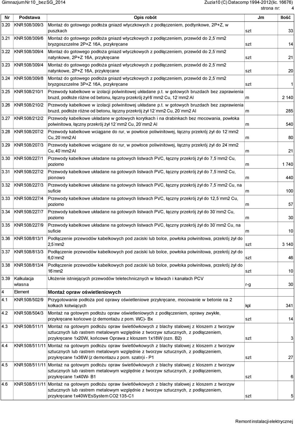 22 KNR 508/309/4 Montaż do gotowego podłoża gniazd wtyczkowych z podłączeniem, przewód do 2,5 mm2 natynkowe, 2P+Z 16A, przykręcane szt 21 3.
