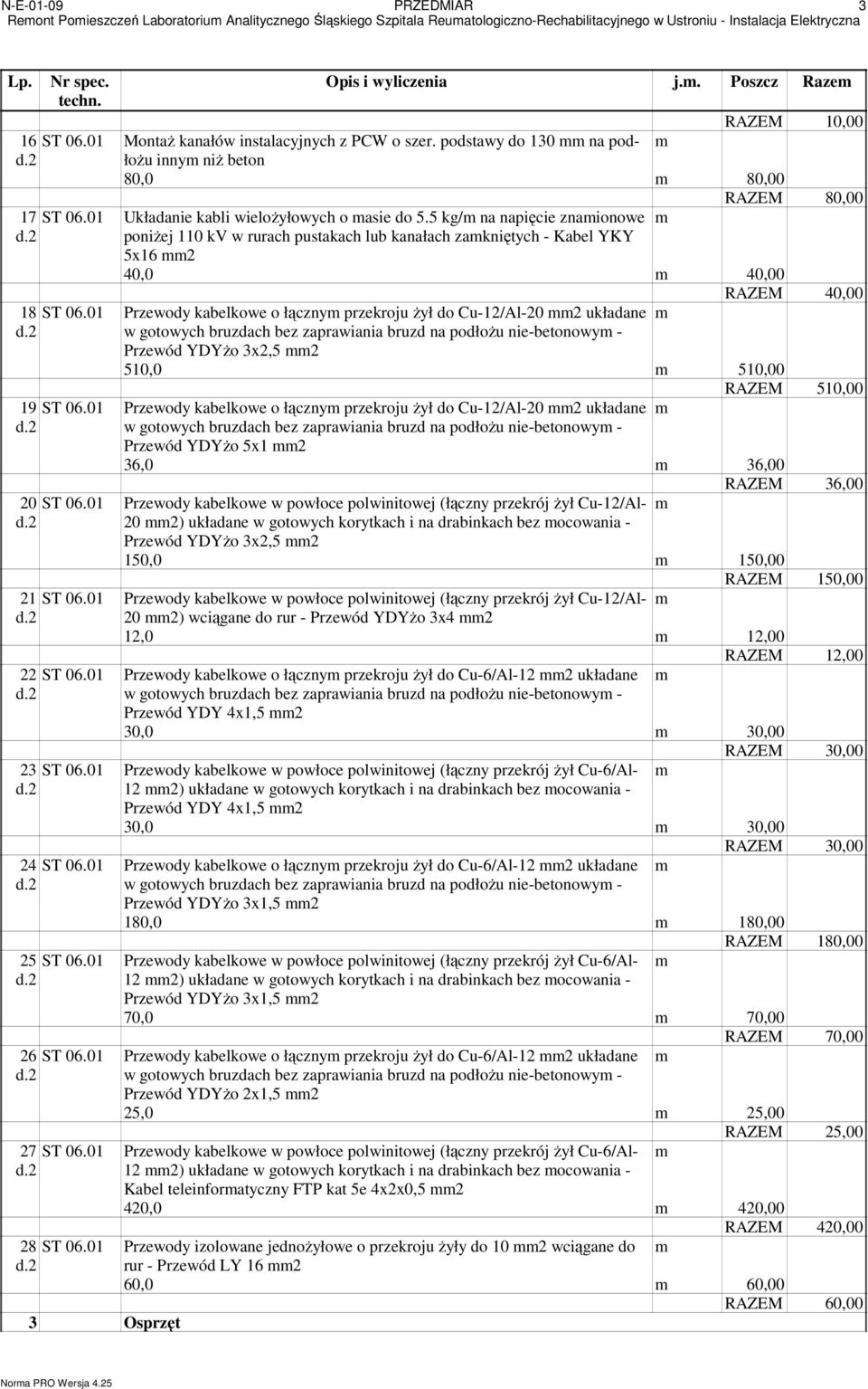 01 Przewody kabelkowe o łącznym przekroju Ŝył do Cu-12/Al-20 mm2 układane m Przewód YDYŜo 3x2,5 mm2 510,0 m 510,00 RAZEM 510,00 19 ST 06.