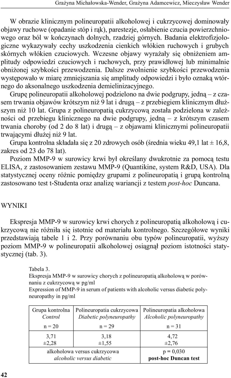 Wczesne objawy wyra a³y siê obni eniem amplitudy odpowiedzi czuciowych i ruchowych, przy prawid³owej lub minimalnie obni onej szybkoœci przewodzenia.