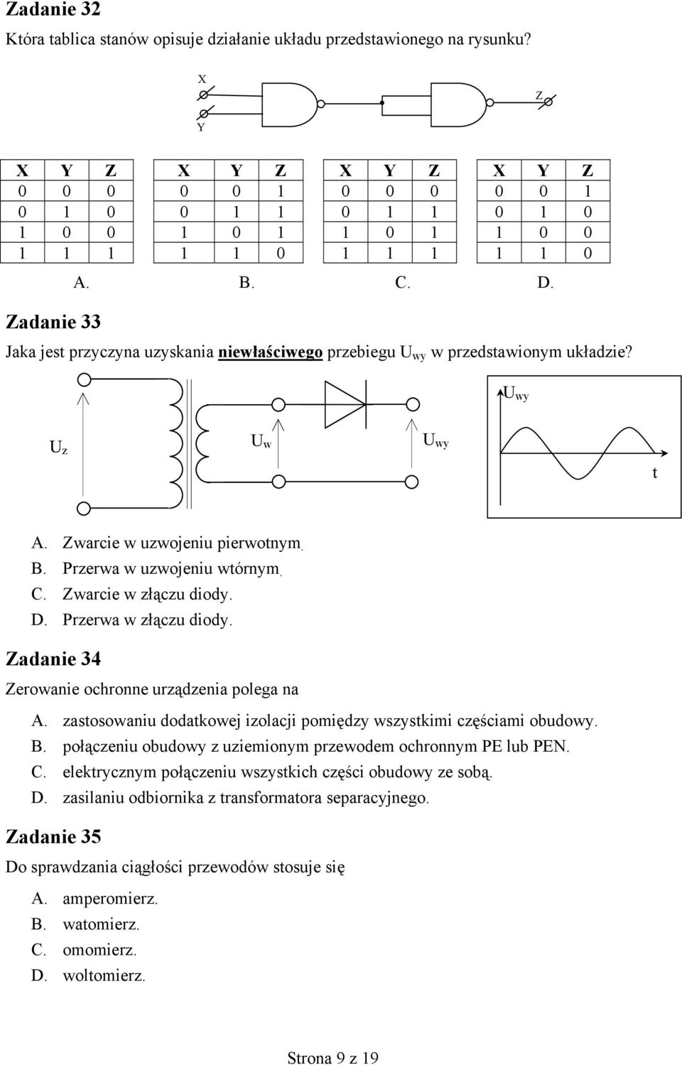 Jaka jest przyczyna uzyskania niewłaściwego przebiegu U wy w przedstawionym układzie? U wy U z U w U wy t A. Zwarcie w uzwojeniu pierwotnym. B. Przerwa w uzwojeniu wtórnym. C. Zwarcie w złączu diody.