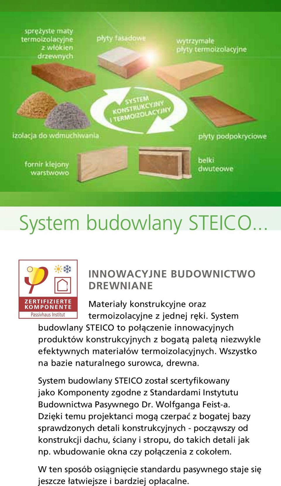 Wszystko na bazie naturalnego surowca, drewna. System budowlany STEICO został scertyfikowany jako Komponenty zgodne z Standardami Instytutu Budownictwa Pasywnego Dr. Wolfganga Feist-a.