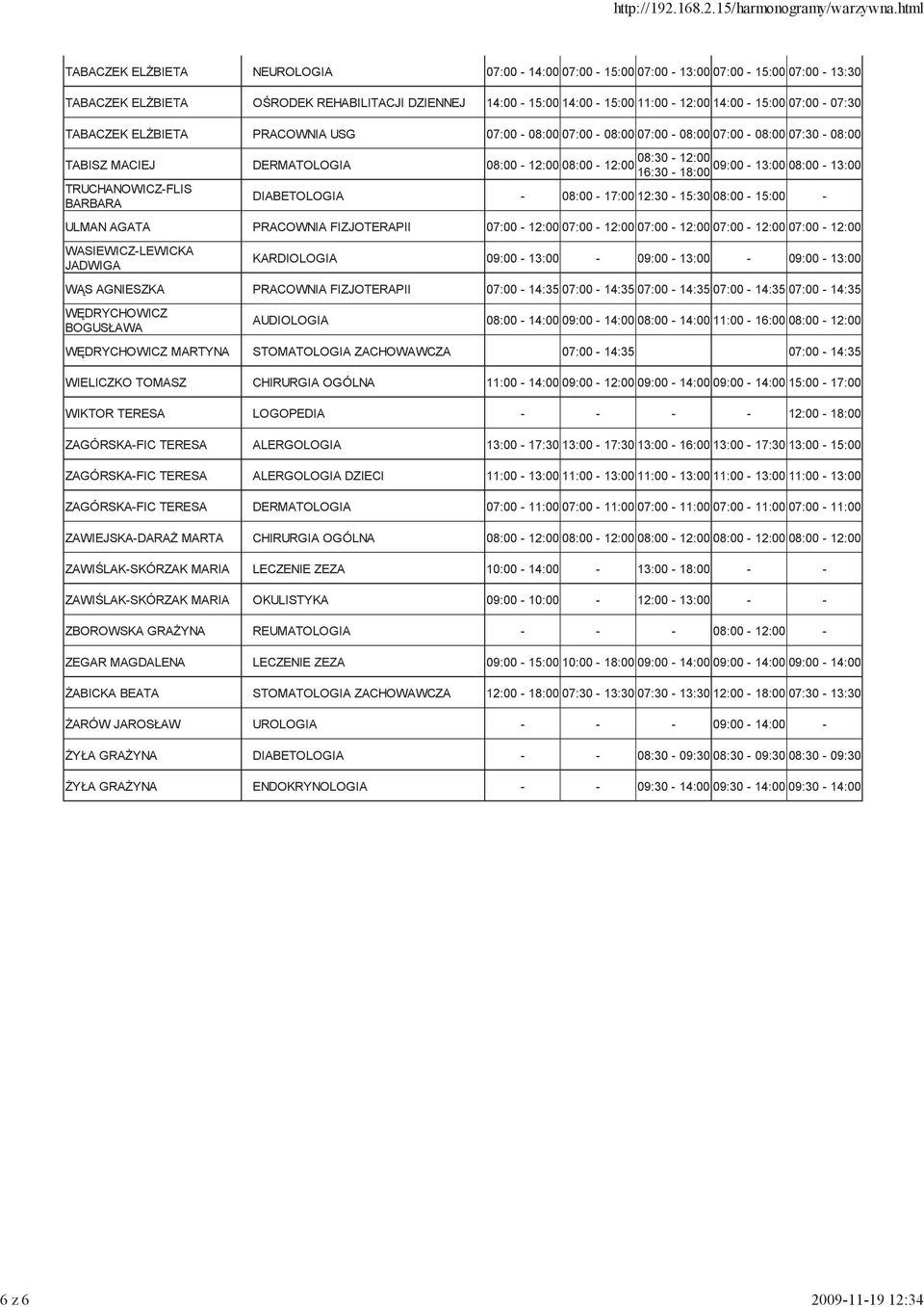 08:00-13:00 16:30-18:00 TRUCHANOWICZ-FLIS DIABETOLOGIA - 08:00-17:00 12:30-15:30 08:00-15:00 - BARBARA ULMAN AGATA PRACOWNIA FIZJOTERAPII 07:00-12:00 07:00-12:00 07:00-12:00 07:00-12:00 07:00-12:00