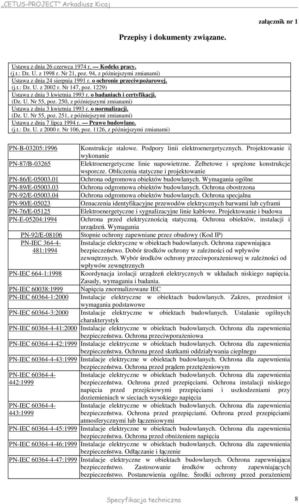 250, z późniejszymi zmianami) Ustawa z dnia 3 kwietnia 1993 r. o normalizacji. (Dz. U. Nr 55, poz. 251, z późniejszymi zmianami) Ustawa z dnia 7 lipca 1994 r. Prawo budowlane. (j.t.: Dz. U. z 2000 r.