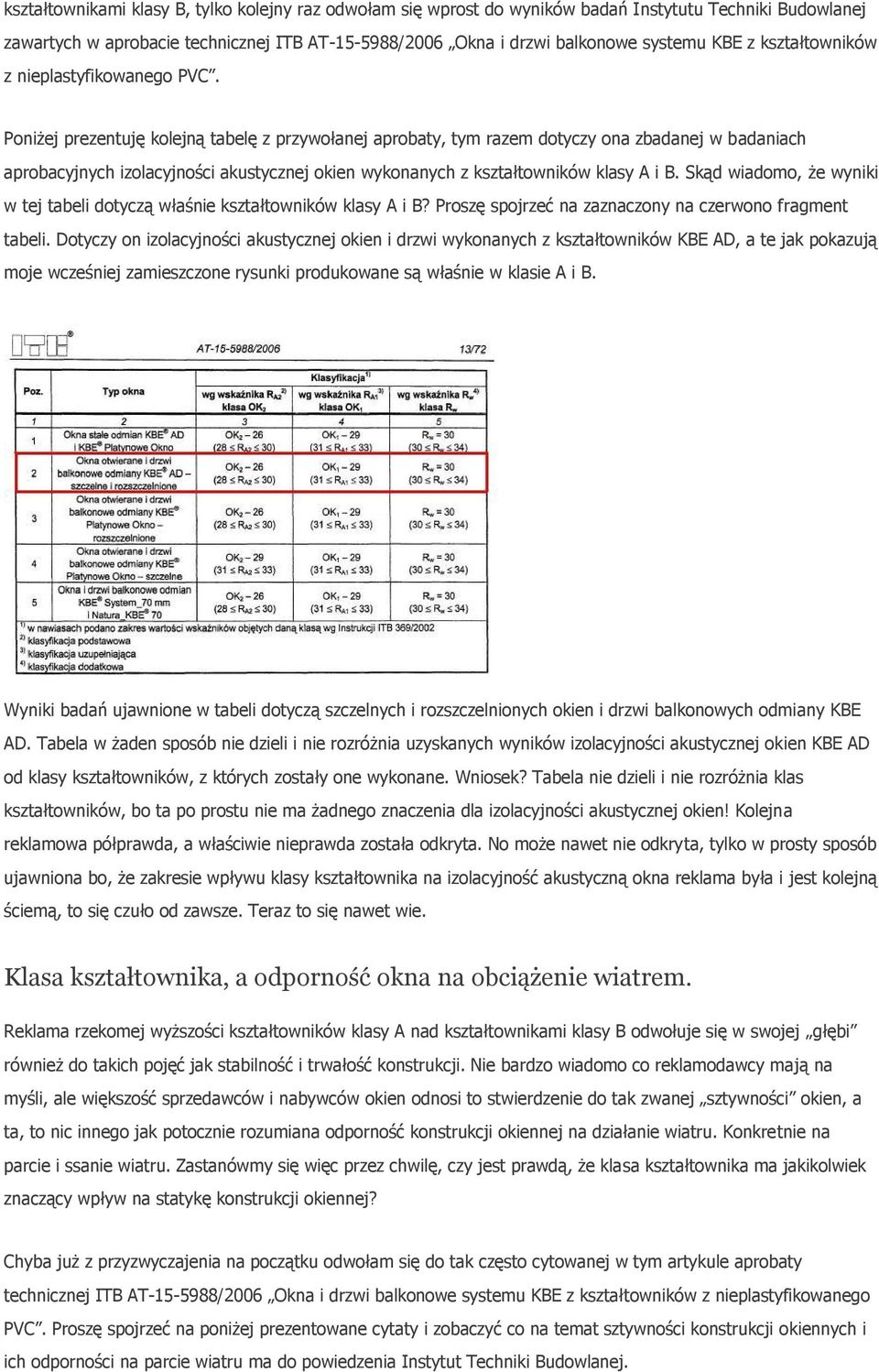 Pniżej prezentuję klejną tabelę z przywłanej aprbaty, tym razem dtyczy na zbadanej w badaniach aprbacyjnych izlacyjnści akustycznej kien wyknanych z kształtwników klasy A i B.