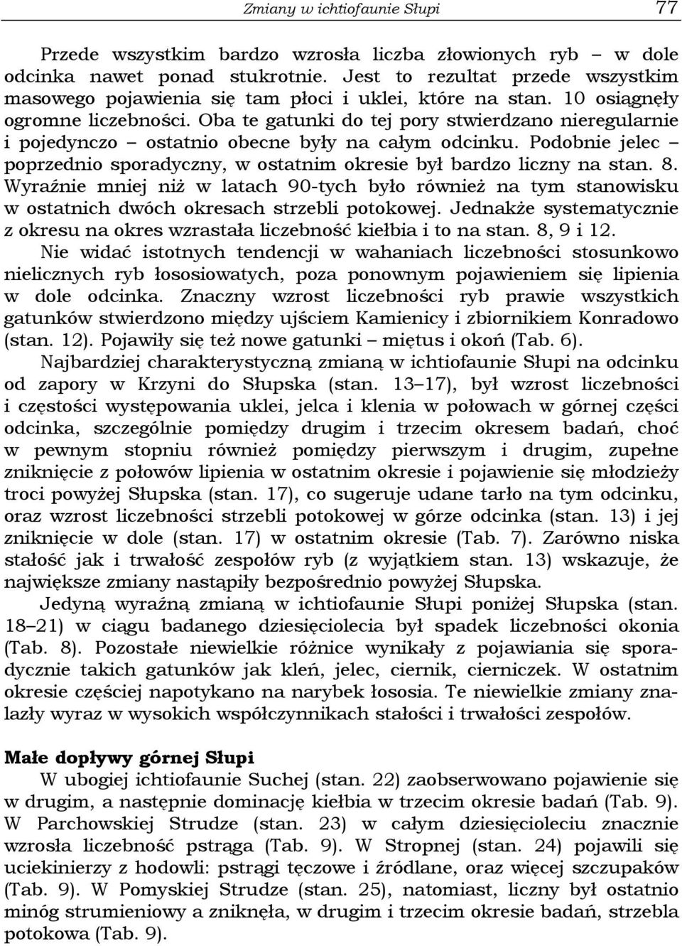 Oba te gatunki do tej pory stwierdzano nieregularnie i pojedynczo ostatnio obecne były na całym odcinku. Podobnie jelec poprzednio sporadyczny, w ostatnim okresie był bardzo liczny na stan. 8.