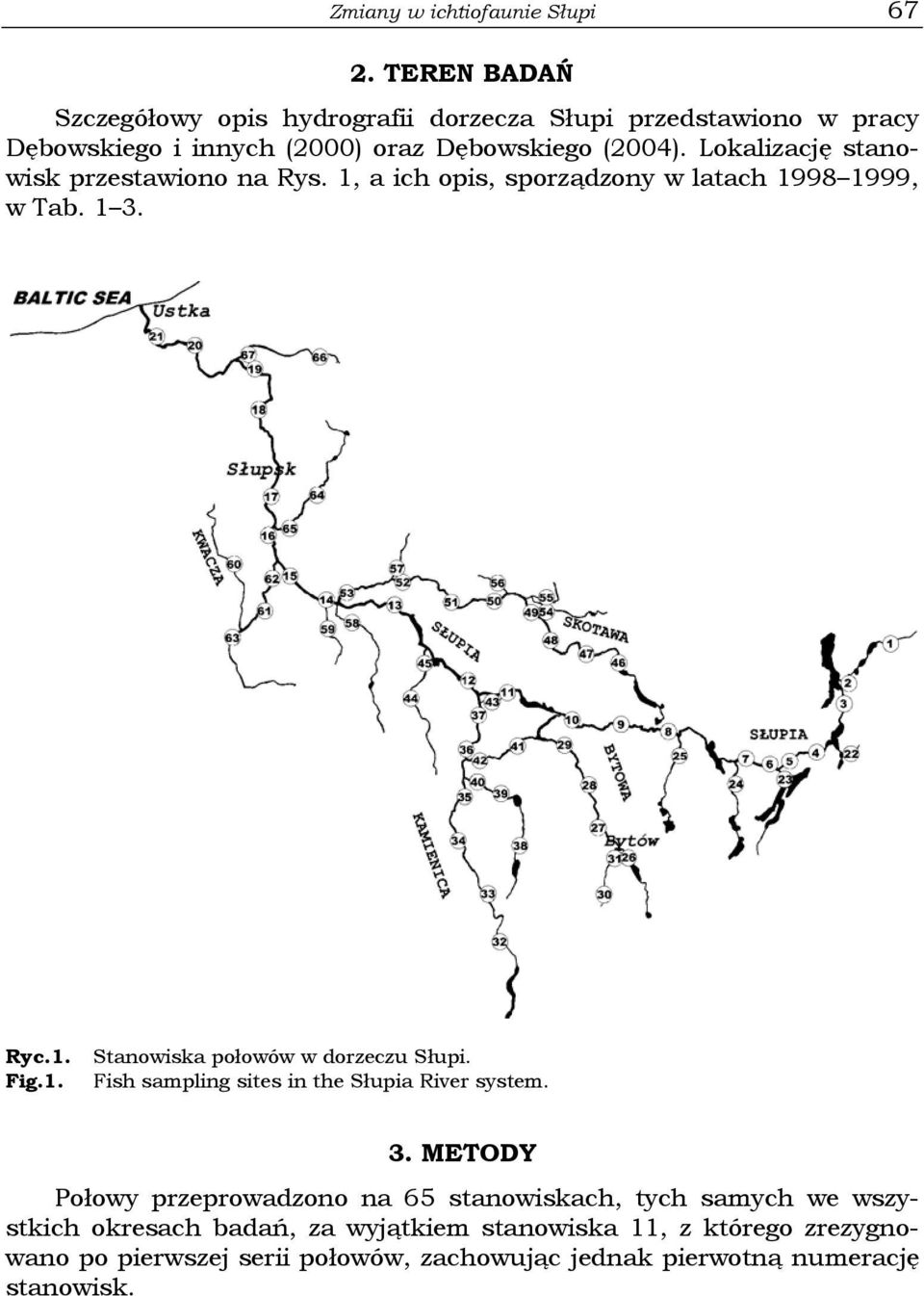 Lokalizację stanowisk przestawiono na Rys. 1, a ich opis, sporządzony w latach 1998 1999, w Tab. 1 3. Ryc.1. Fig.1. Stanowiska połowów w dorzeczu Słupi.