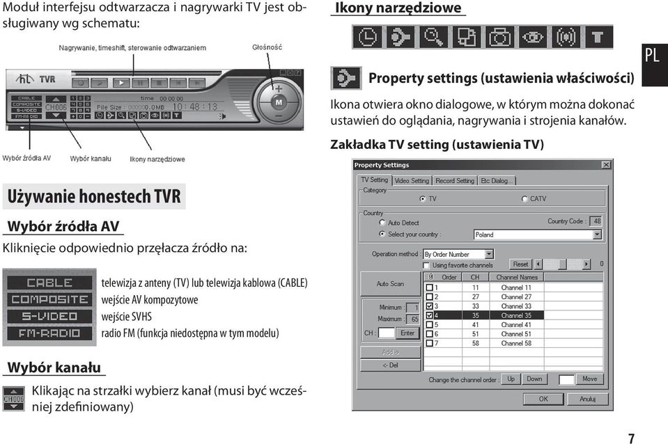 Zakładka TV setting (ustawienia TV) PL Używanie honestech TVR Wybór źródła AV Kliknięcie odpowiednio przęłacza źródło na: Wybór kanału telewizja