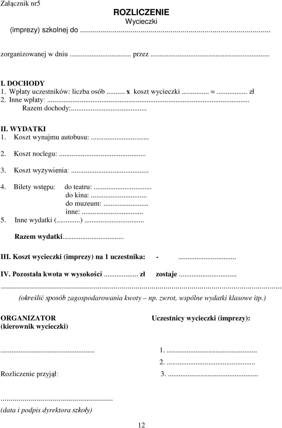 .. 5. Inne wydatki (...)... Razem wydatki... III. Koszt wycieczki (imprezy) na 1 uczestnika: -... IV. Pozostała kwota w wysokości... zł zostaje.