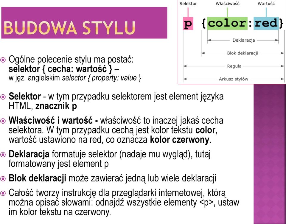 jakaś cecha selektora. W tym przypadku cechą jest kolor tekstu color, wartość ustawiono na red, co oznacza kolor czerwony.