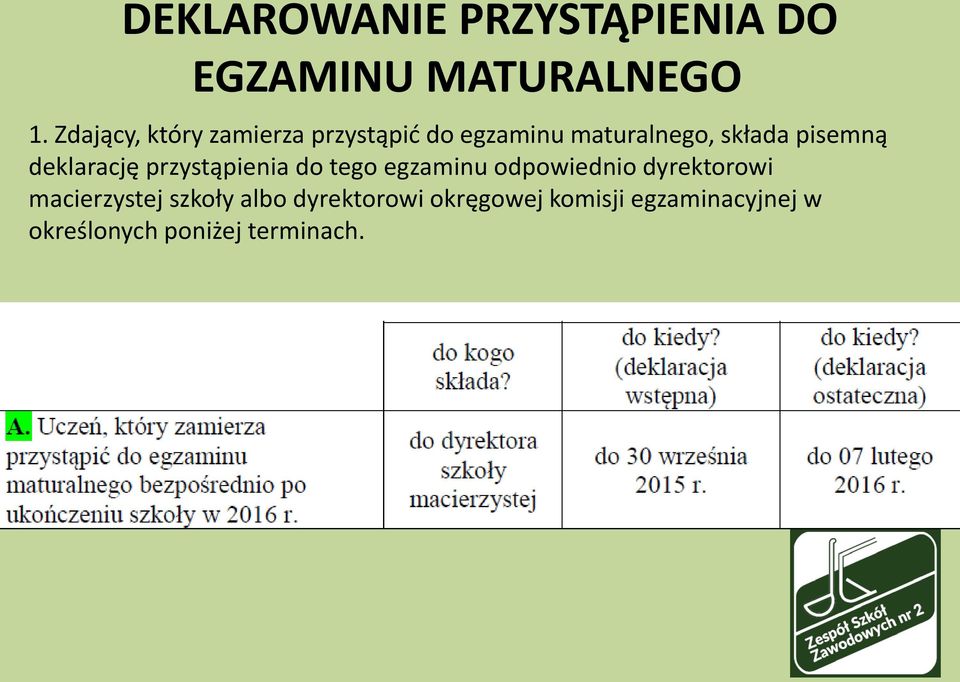 deklarację przystąpienia do tego egzaminu odpowiednio dyrektorowi