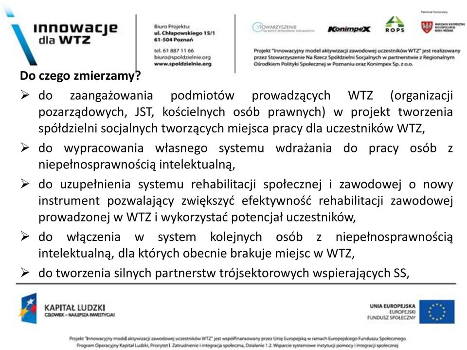 pracy dla uczestników WTZ, do wypracowania własnego systemu wdrażania do pracy osób z niepełnosprawnością intelektualną, do uzupełnienia systemu rehabilitacji społecznej