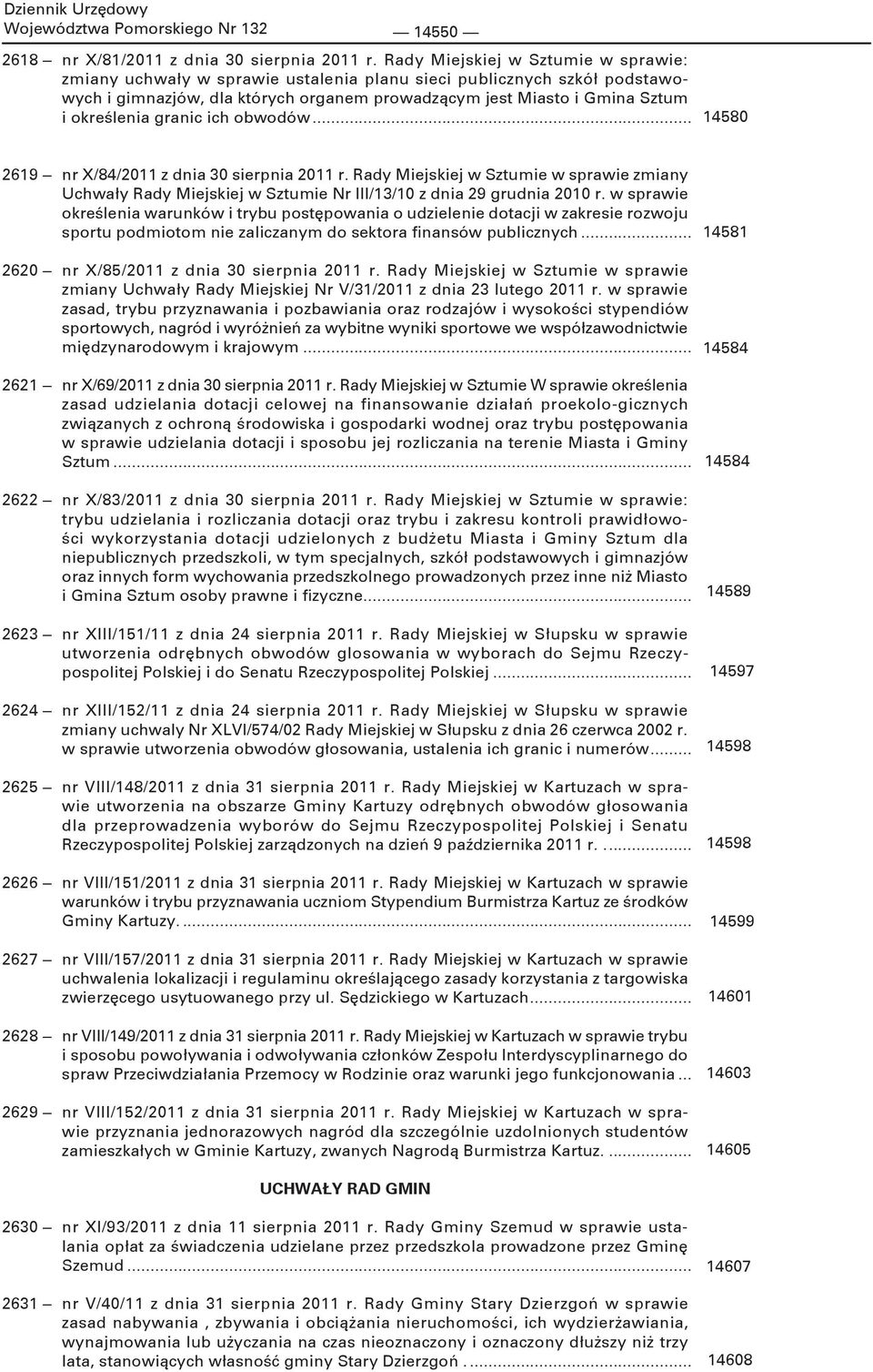 granic ich obwodów... 14580 2619 nr X/84/2011 z dnia 30 sierpnia 2011 r. Rady Miejskiej w Sztumie w sprawie zmiany Uchwały Rady Miejskiej w Sztumie Nr III/13/10 z dnia 29 grudnia 2010 r.