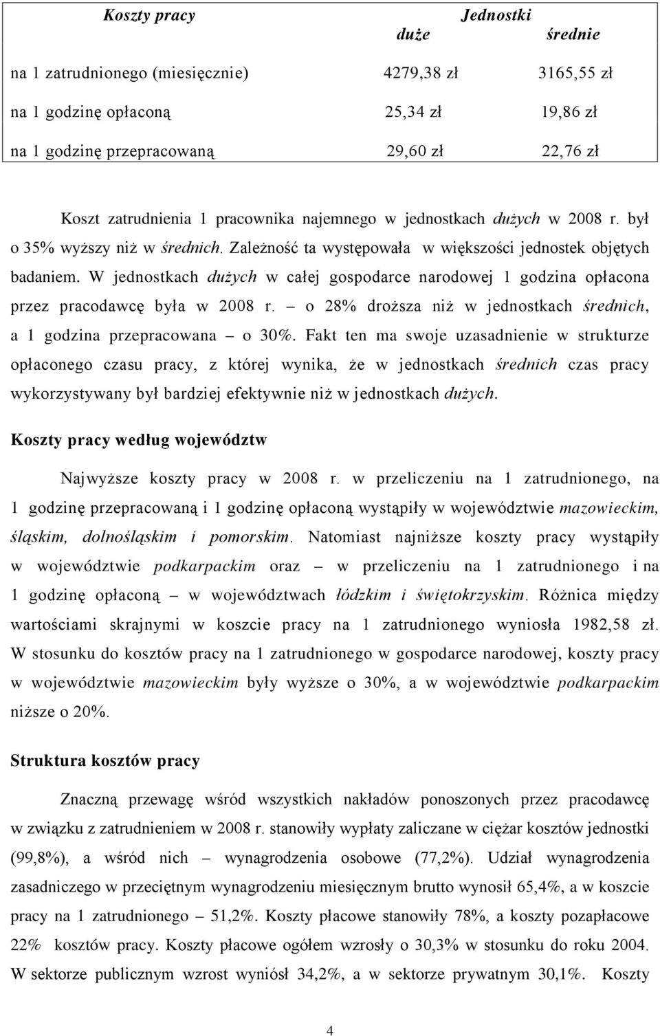 W jednostkach dużych w całej gospodarce narodowej 1 godzina opłacona przez pracodawcę była w 2008 r. o 28% droższa niż w jednostkach średnich, a 1 godzina przepracowana o 30%.