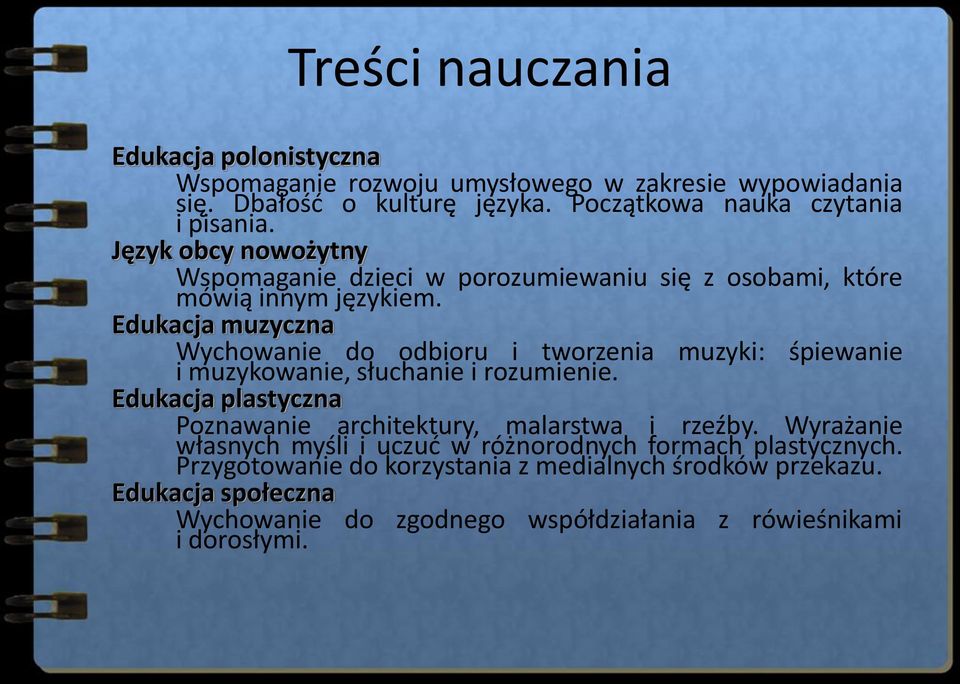 Edukacja muzyczna Wychowanie do odbioru i tworzenia muzyki: śpiewanie i muzykowanie, słuchanie i rozumienie.