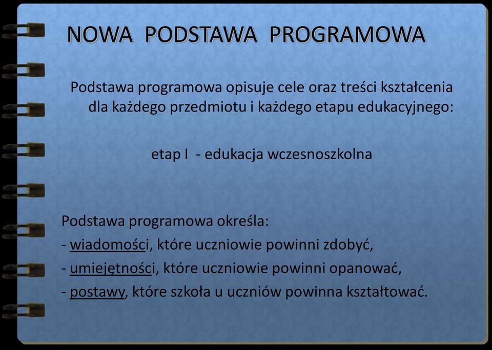 Podstawa programowa określa: - wiadomości, które uczniowie powinni zdobyć, -