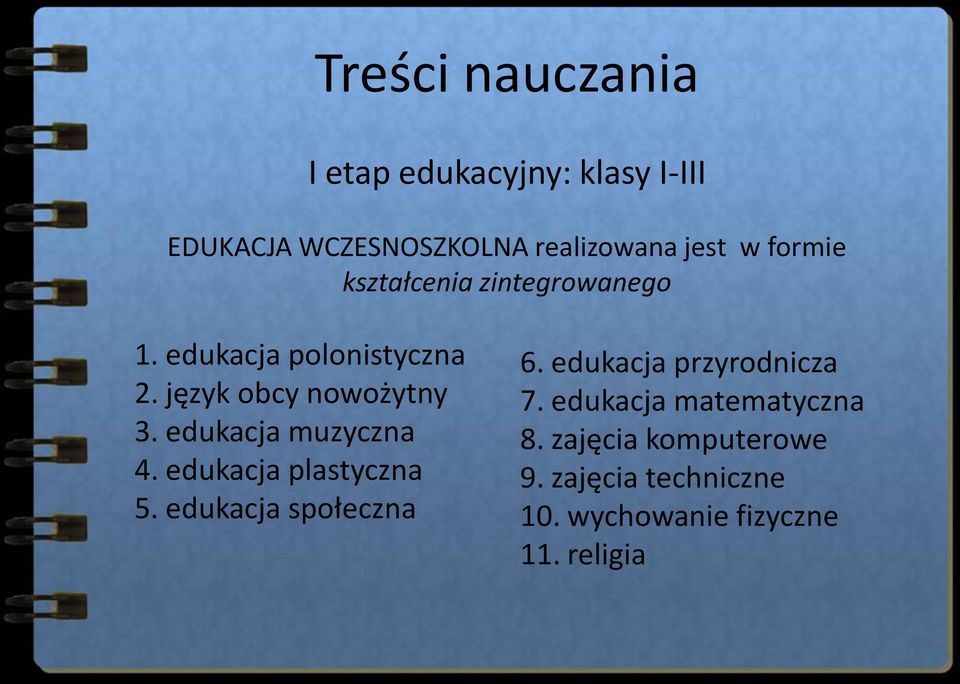 edukacja muzyczna 4. edukacja plastyczna 5. edukacja społeczna 6. edukacja przyrodnicza 7.