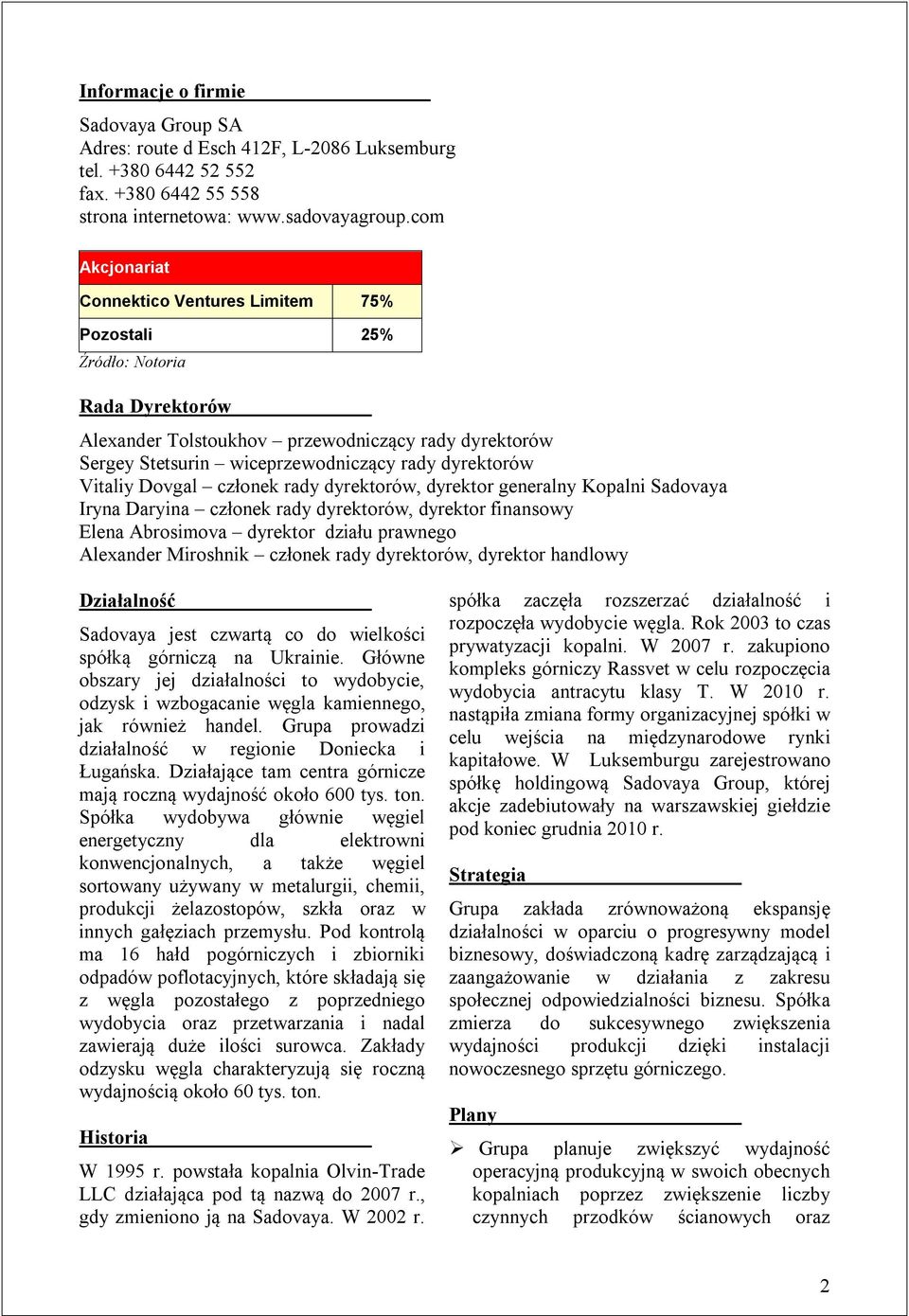 Vitaliy Dovgal członek rady dyrektorów, dyrektor generalny Kopalni Sadovaya Iryna Daryina członek rady dyrektorów, dyrektor finansowy Elena Abrosimova dyrektor działu prawnego Alexander Miroshnik