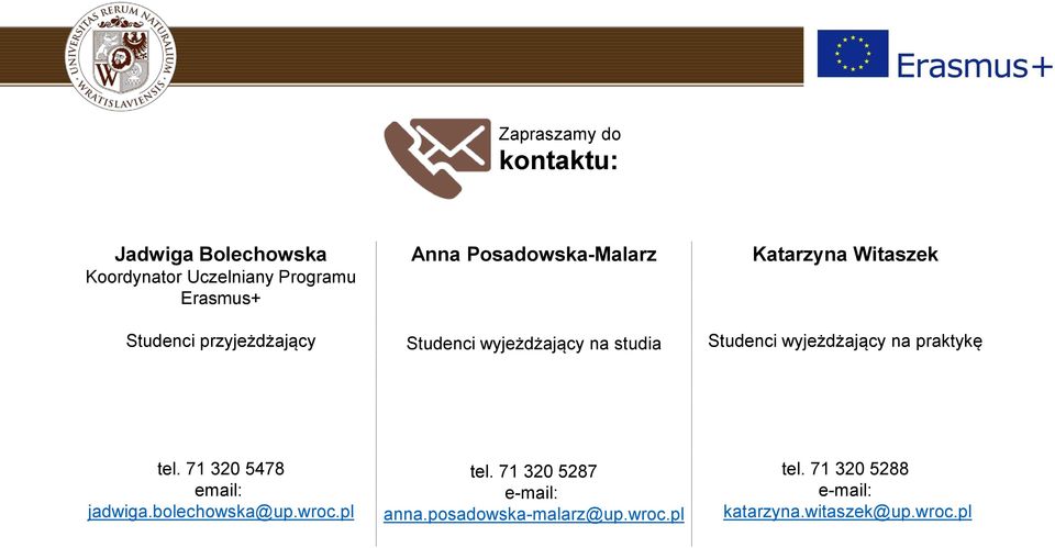 Studenci wyjeżdżający na praktykę tel. 71 320 5478 email: jadwiga.bolechowska@up.wroc.pl tel.
