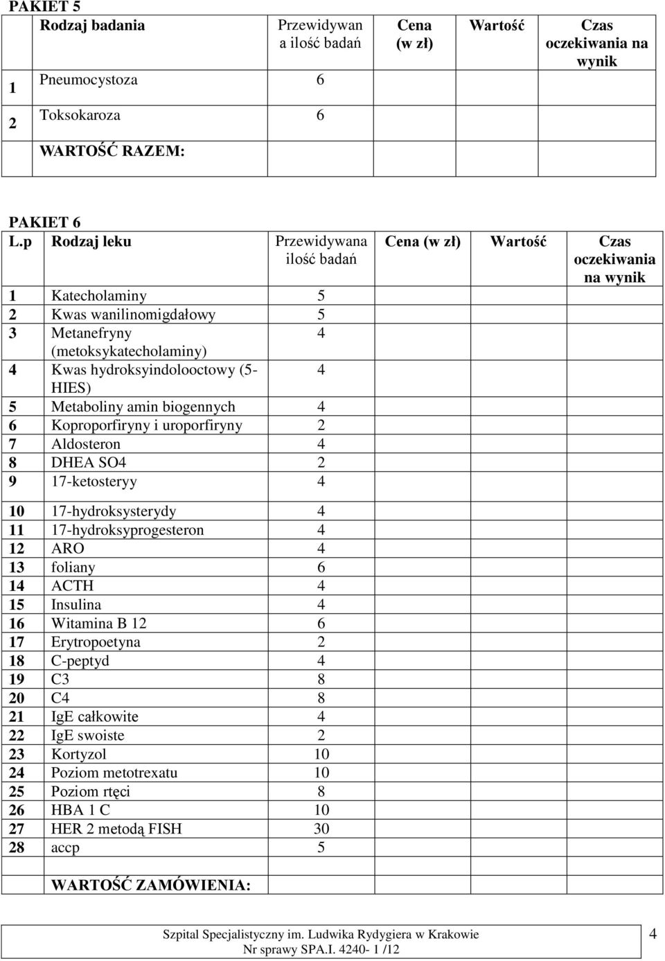 4 6 Koproporfiryny i uroporfiryny 7 Aldosteron 4 8 DHEA SO4 9 17-ketosteryy 4 10 17-hydroksysterydy 4 11 17-hydroksyprogesteron 4 1 ARO 4 13 foliany 6 14