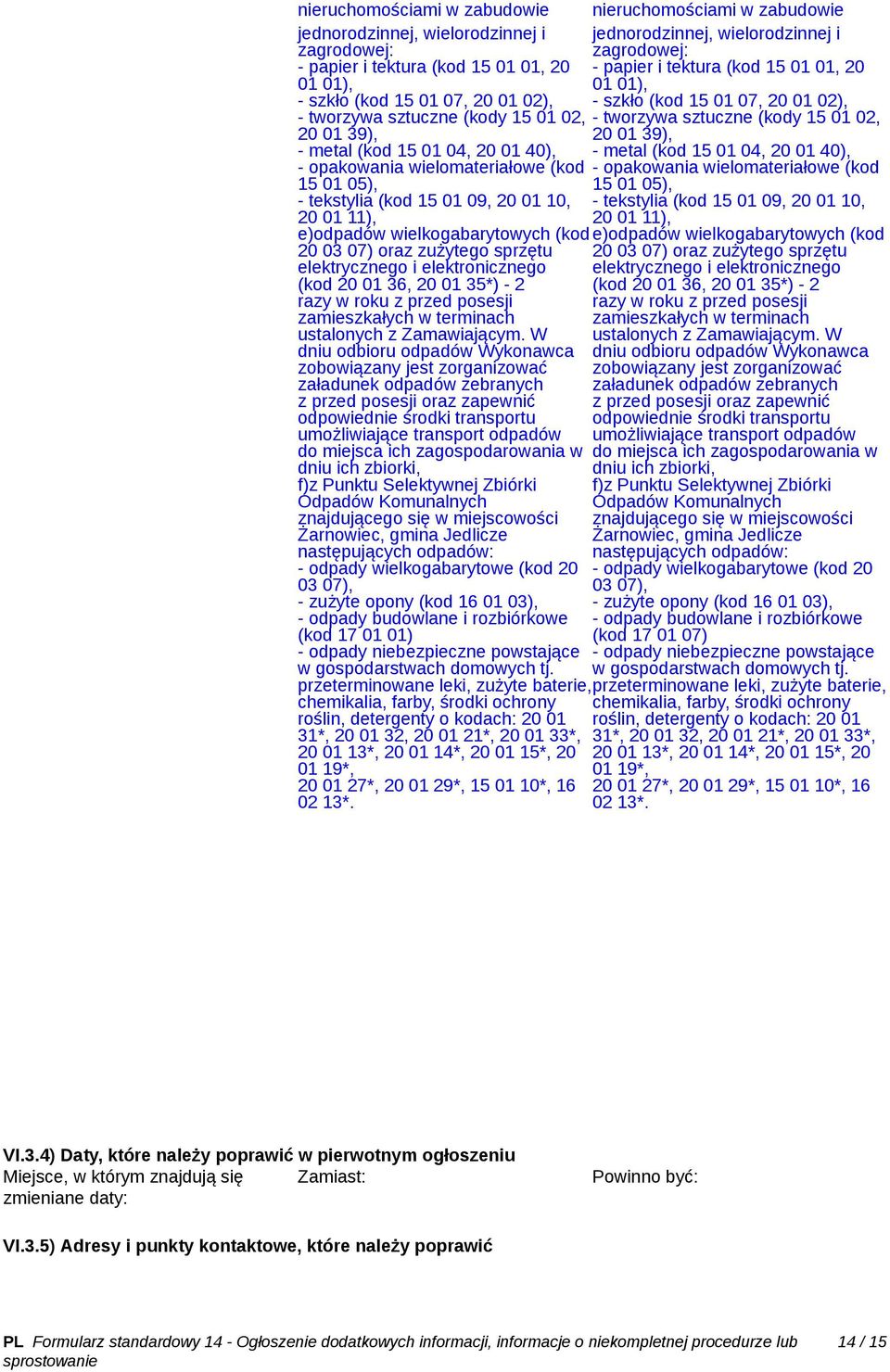 elektrycznego i elektronicznego (kod 20 01 36, 20 01 35*) - 2 razy w roku z przed posesji zamieszkałych w terminach ustalonych z Zamawiającym.