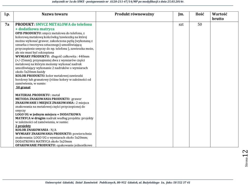 telefonu ), zawieszka może, ale nie musi być odczepiana WYMIARY PRODUKTU: długość całkowita : 440mm (+/-25mm); przynajmniej dwa z wymiarów części metalowej na którym możemy wykonać nadruk